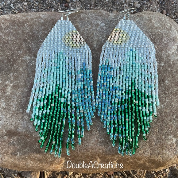Pine Tree Beaded Earrings with Fringe, New, Handmade by Me - Picture 2 of 7